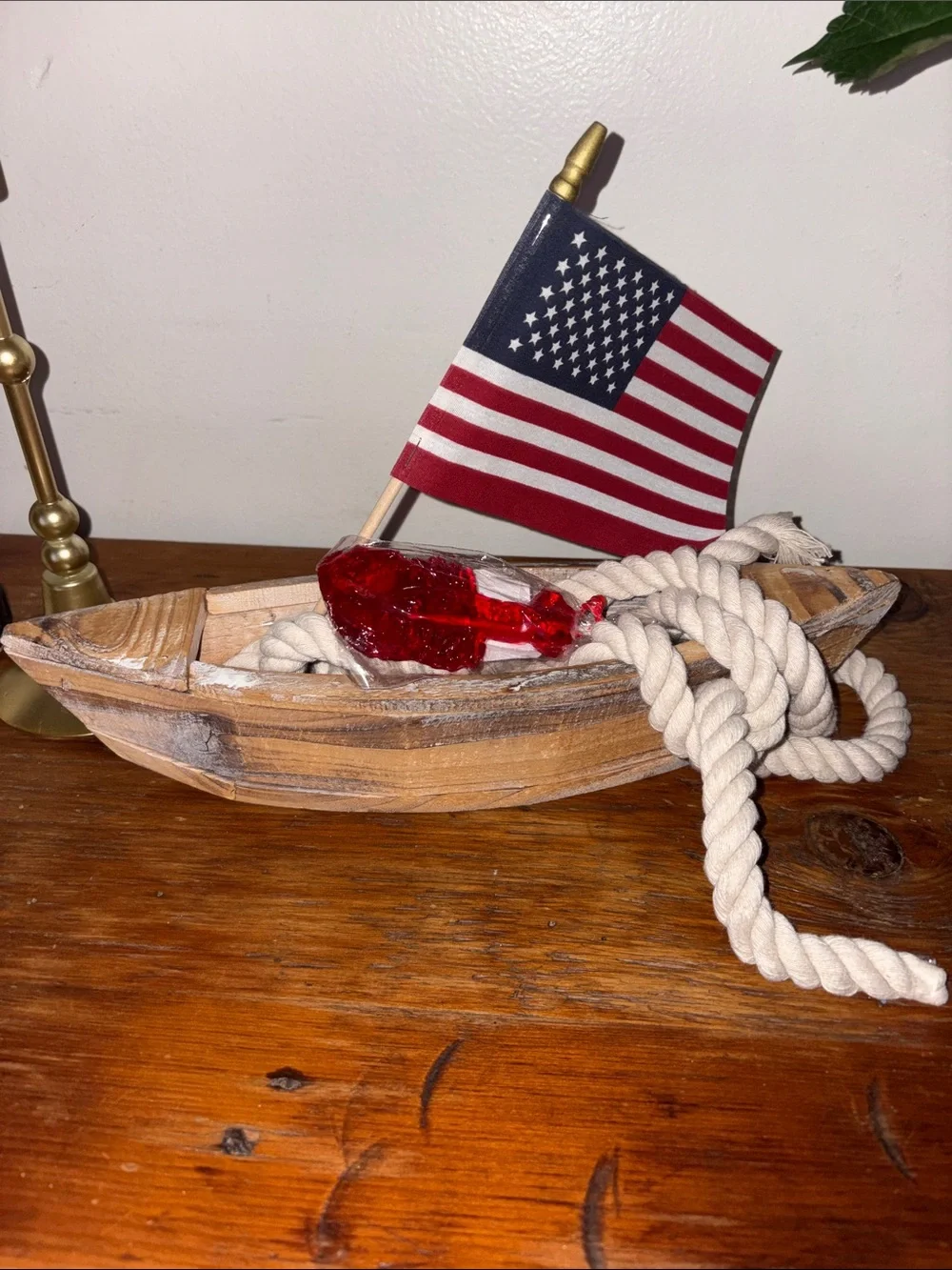 Nautical Wooden Boat Decor with American Flag and Rope